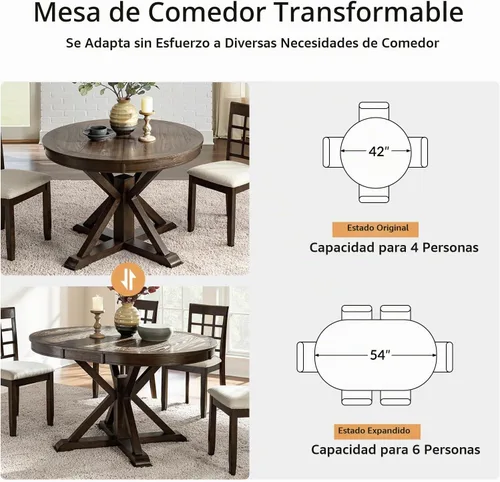 Vista 3 de HULALA HOME Mesa de comedor extensible redonda ovalada de 42 a 54 pulgadas, mesa de cocina expandible de madera maciza con hojas que ahorran