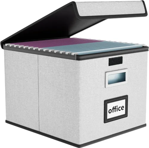 Vista 29 de Caja organizadora de archivos Huolewa con tapa, caja organizadora de carpetas de archivos colgantes de cuero sintético plegable con deslizadores