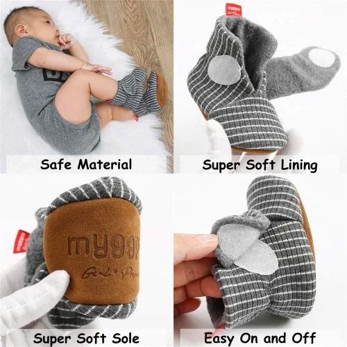Vista 2 de Timatego Botines para recién nacidos, para bebés, niños y niñas, antideslizantes, suela suave, cálidos, para invierno, para casa, zapatos de cuna