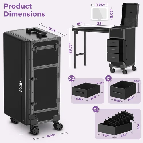 Vista 2 de EASYINBEAUTY Mesa de manicura portátil con 3 cajones, organizador de espejo y esmalte de uñas, estuche de maquillaje con cerradura con escritorio