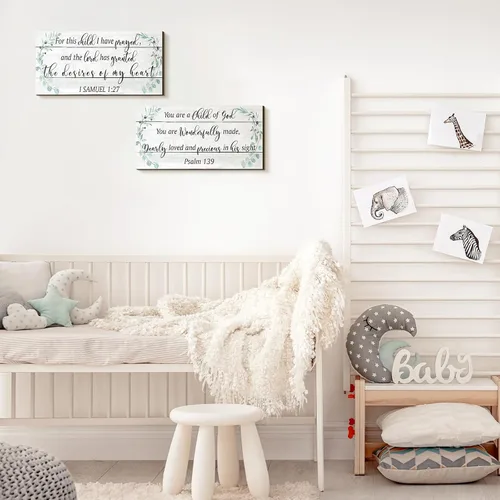 Vista 5 de Yookeer 2 piezas de arte de pared de madera para habitación de bebé, decoración de pared con texto en inglés "This Child I Have Prayed", letrero