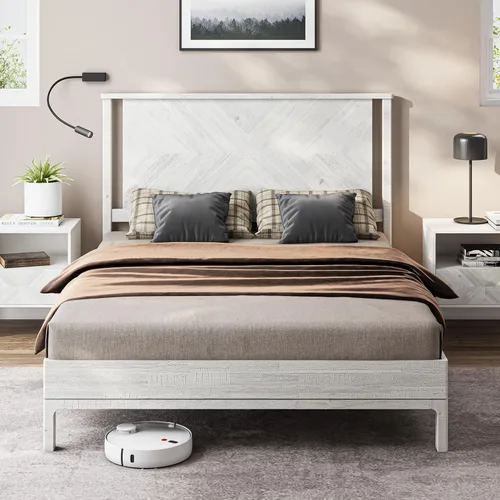 Vista 19 de Estructura de cama Queen en forma de trapecio de Bme – Cama moderna de madera maciza con cabecero de patrón suave, patas de metal negro, acabado