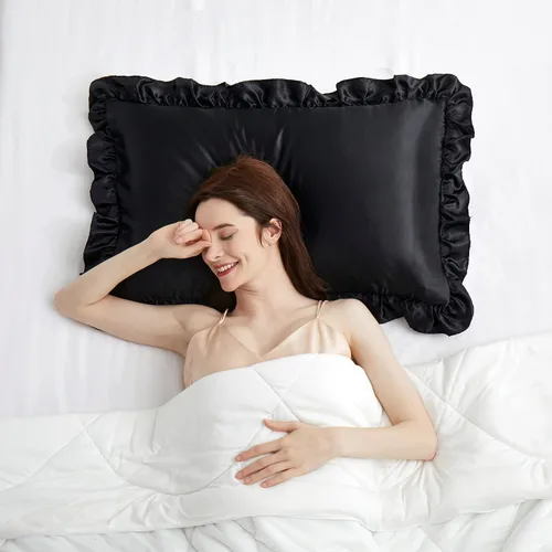 Vista 6 de Fundas de almohada de satén negro con volantes para el cabello y la piel, juego de 2 fundas de almohada de seda negras de tamaño estándar con cierre