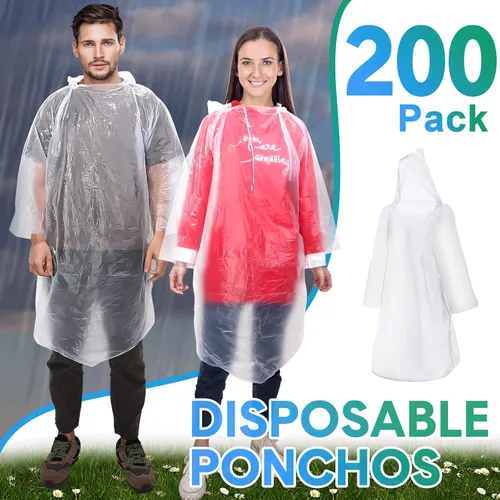 Vista 2 de 200 Ponchos de lluvia desechables para adultos, poncho de lluvia de emergencia a granel, transparente, impermeable, desechable, envuelto