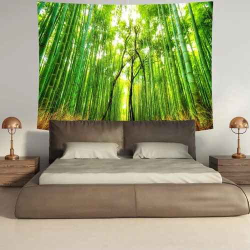 Vista 2 de Delur Tapiz de camino del bosque, puesta de sol, selva tropical tropical, árbol natural, tapiz para colgar en la pared, cabecera de paisaje verde