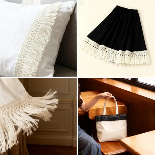 Vista 5 de Yalulu Cinta de algodón con borlas de algodón de 10 yardas, 2.36 pulgadas, costura de macramé bohemio para ropa, cortina, almohada, alfombra, Beige