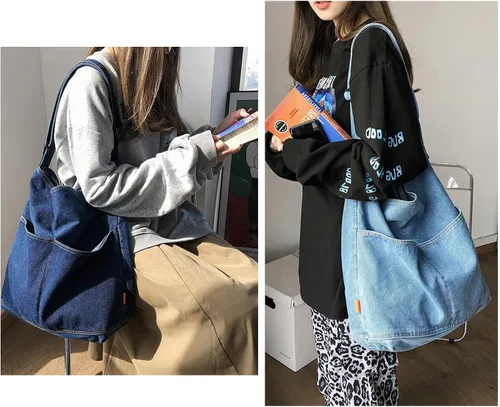 Vista 2 de KlaOYer Bolso bandolera de lona, bolso grande tipo hobo para la escuela, bolso de hombro con bolsillo para mujeres y hombres