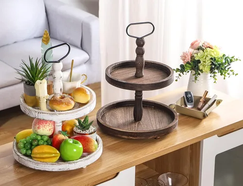 Vista 4 de Bandejas decorativas de madera de granja de dos niveles + bandeja de piel sintética, soporte de madera de 2 niveles para centro de mesa rústica