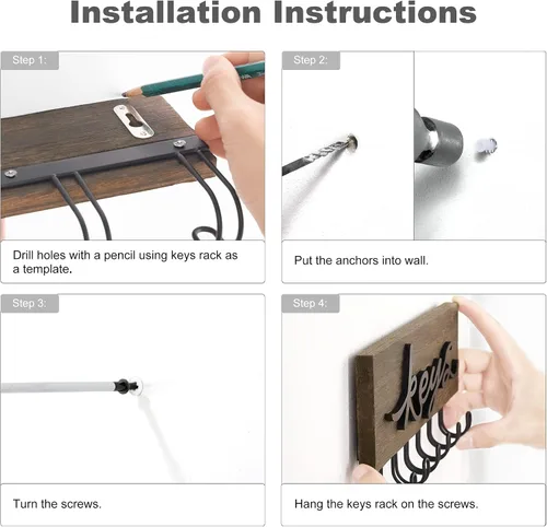 Vista 6 de Mkono Soporte para llaves de pared decorativo con 7 ganchos, organizador de llaves montado en la pared, ganchos para llaves colgantes de madera