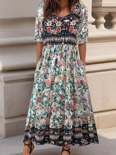 Vista 3 de Vestido largo con estampado floral para mujer, manga corta, con bolsillos, para uso casual de verano