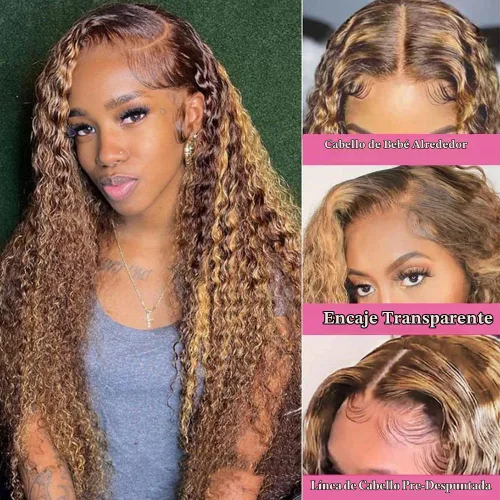 Vista 2 de Chesma Peluca de cabello humano rubio miel 4/27 degradado con encaje frontal de 13 x 4, con reflejos HD y ondas profundas, sin pegamento, densidad