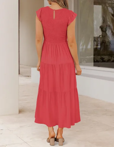 Vista 4 de ZESICA - Vestido por debajo de la rodilla para mujer, diseño informal y escalonado de manga corta, con cuello redondo y cintura elástica fruncida