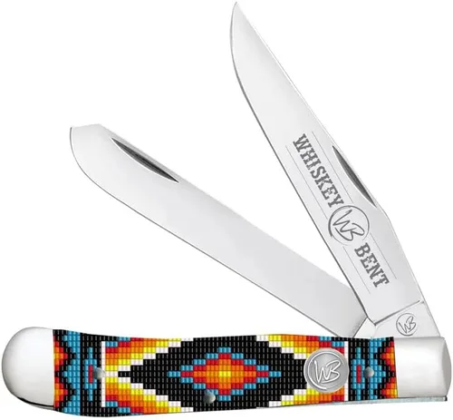 Vista 18 de WHISKEY BENT HAT CO. Navaja de bolsillo plegable tradicional Trapper de 4.125 pulgadas, longitud cerrada, cuchillas de acero inoxidable 440C (azteca)