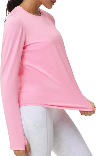 Vista 5 de THE GYM PEOPLE Camisas de entrenamiento de manga larga para mujer, atléticas, cuello redondo, senderismo, con agujero para el pulgar