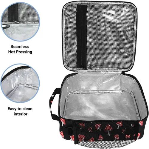 Vista 3 de Lonchera para niños y niñas, con diseño de hongos del bosque, con diseño de dibujos animados, con correa para el hombro, bolsas enfriadoras