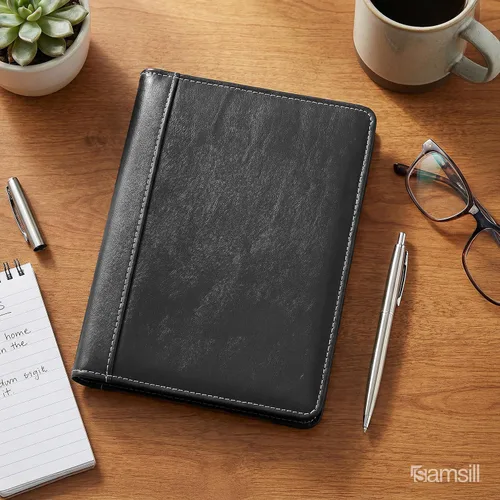 Vista 10 de Samsill (71730) Portafolios de cuero con costuras de contraste, tamaño pequeño, cuaderno para escribir de 5 x 8 pulgadas, negro, Negro