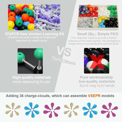 Vista 3 de Kit de modelo de estructura molecular, modelo de bola molecular de 974 piezas, con nube atómica/de carga, kit de modelo orgánico/inorgánico