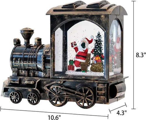 Vista 6 de GenSwin Linterna de globo de nieve con tren iluminado con música, nieve de agua, brillante, funciona con pilas, con temporizador, decoración musical