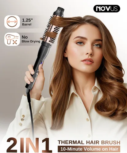 Vista 2 de Cepillo térmico redondo calentado: Peine de pelo caliente 2 en 1 con 9 ajustes de temperatura para alisar y rizar el cabello - herramienta
