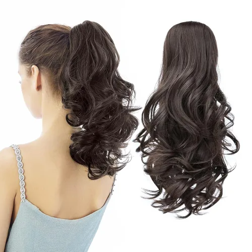 Vista 21 de Extensión de Cola de Caballo, Extensión de Cabello con Garra Larga de 20", Piezas de Cabello Sintético Ondulado Liso con Clip en Peluca de Cola
