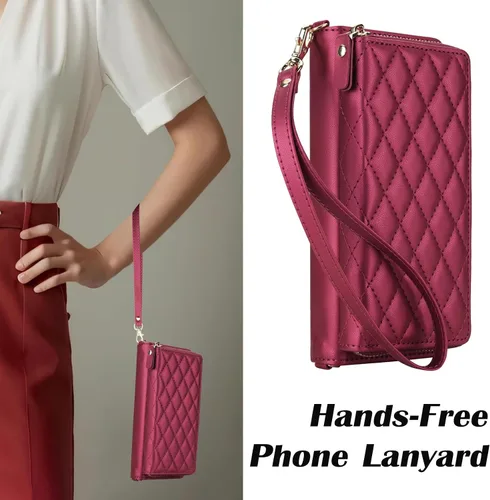 Vista 8 de Compatible con Samsung Galaxy Z Fold 3 5G 2021 - Funda tipo cartera con cremallera y bloqueo RFID, correa para tarjetero, ranuras para tarjetas Rojo