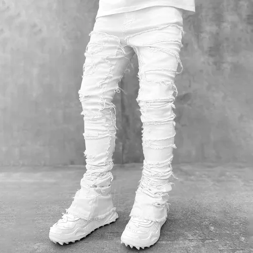 Vista 4 de Mxiqqpltky Jeans apilados para hombre, ajustados, rectos, negros, rasgados, ajustados, desgastados, pantalones de mezclilla destruidos, ropa de calle
