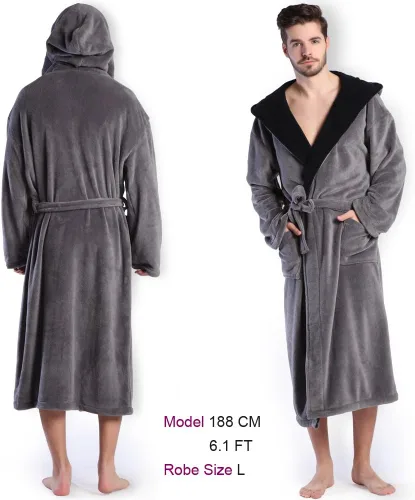Vista 2 de KEMUSI Bata de baño de longitud completa suave con capucha para hombre, cómodo camisón cálido de longitud completa