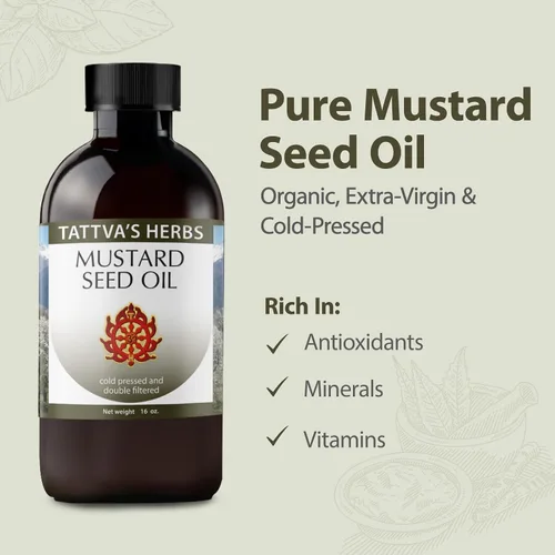 Vista 4 de Aceite de semillas de mostaza Tattva's Herbs para el cabello, cocina, piel y masaje, prensado en frío sin refinar, calma las articulaciones