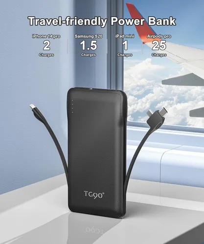 Vista 5 de TG90° Cargador Portátil con Cables Solamente 10000mAh Banco de Energía con Cables Integrados (Sin Enchufe) Batería de Respaldo Paquete de Batería