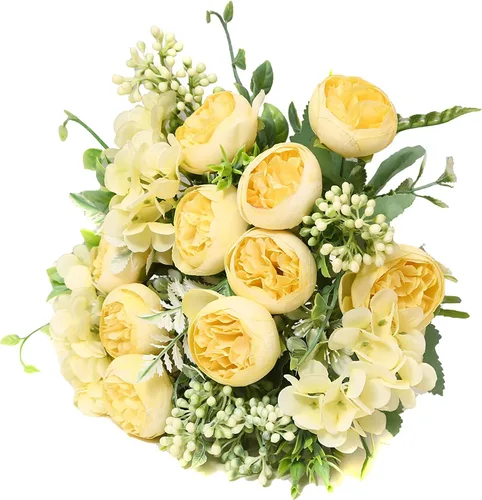 Vista 9 de Ramo de flores artificiales de seda artificial, 5 ramas, rosas pequeñas para bodas, hogar, oficina, mesas, decoración, 4 paquetes (champán)
