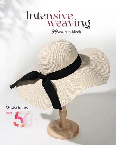Vista 2 de Sombrero de paja para mujer, ala ancha, UPF 50, sombrero de verano, plegable, para playa