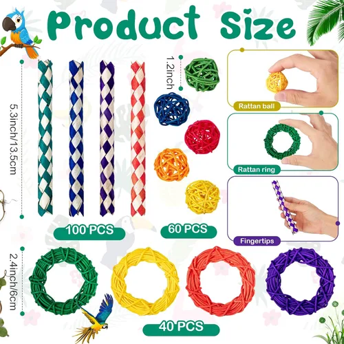 Vista 2 de Hiboom 200 juguetes para pájaros: 100 trampas para dedos, 60 bolas de ratán, 40 anillos de vid, bolas de mimbre de loro, cacatúas y periquitos