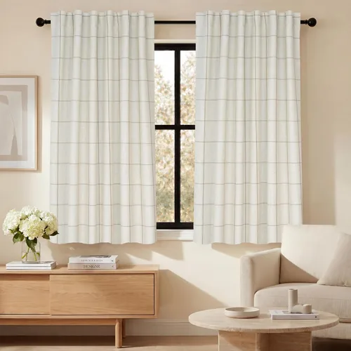 Vista 51 de DriftAway 2 paneles cortinas de lino a cuadros 100% opacas de doble capa cortinas para dormitorio de 96 pulgadas de largo estilo granja con Gris
