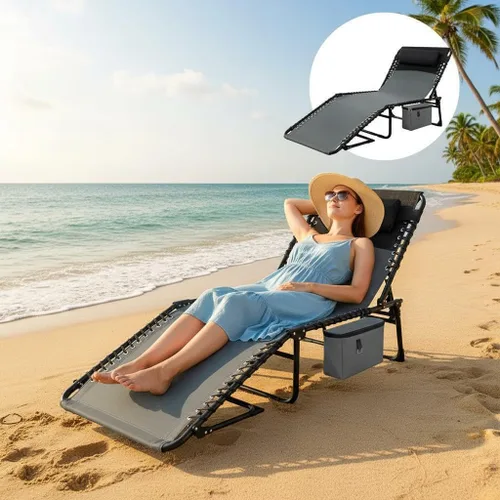 Vista 5 de Tumbona plegable para exteriores, silla de bronceado ajustable de 5 posiciones con almohada extraíble, bolsillo lateral y asa de transporte para Gris