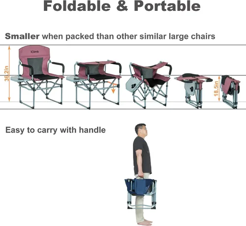 Vista 4 de iClimb Silla de malla plegable de camping compacta resistente con mesa auxiliar y asa