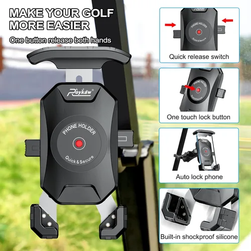 Vista 4 de Roykaw Soporte de teléfono para carrito de golf compatible con EZGO/Club Car/Yamaha, liberación rápida y bloqueo de un solo toque/selección y lugar