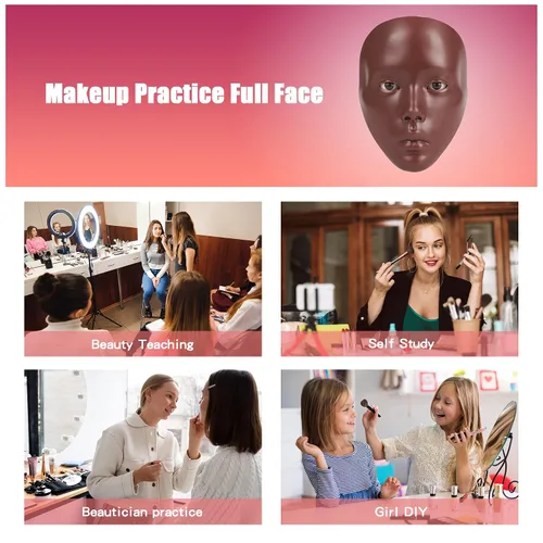 Vista 4 de Cara de práctica de maquillaje, 5D reutilizable de silicona, tabla de práctica de maquillaje, cara de maniquí con brochas de maquillaje, juego