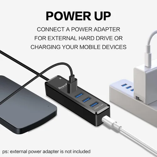 Vista 5 de SmartQ H302Pro Hub USB C, concentrador USB 3.2 SuperSpeed de 4 puertos con cable de extensión de 1 pie, compatible con carga, compatible
