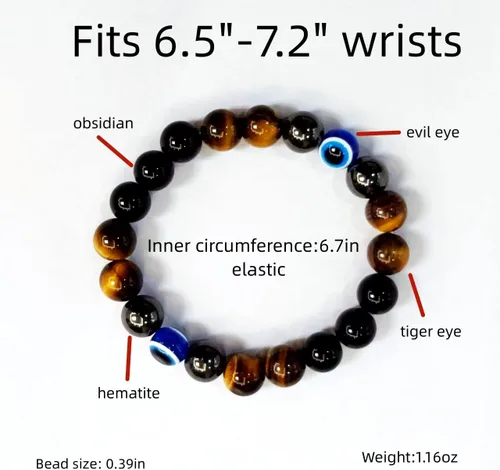 Vista 4 de Pulseras de triple protección con piedra de ojo de tigre de obsidiana negra con hematita para hombres y mujeres, pulsera de piedra curativa