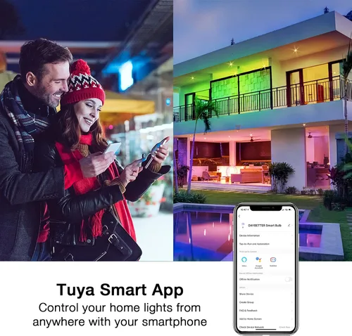 Vista 4 de DAYBETTER Tuya - Bombillas inteligentes RGBCW Wi-Fi que cambian de color, compatibles con Alexa y Google Home Assistant, A19 E26 9W 800LM Bombilla