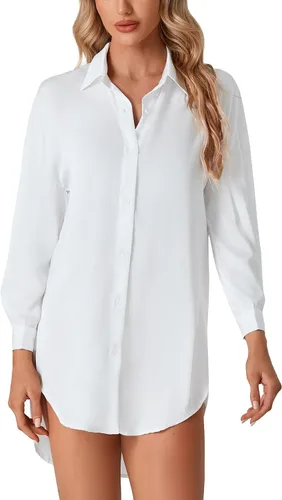 Vista 5 de LYANER Camisa de noche de seda con botones y manga larga para mujer, con abertura, para novio