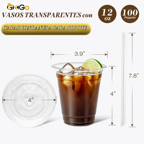 Vista 3 de Ginkgo Paquete de 100 tazas de plástico de 12 onzas con tapas y popotes, tazas de café desechables transparentes para llevar, tazas de café helado