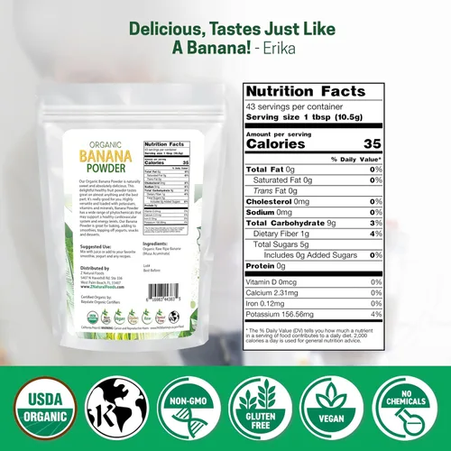 Vista 2 de Z Natural Foods Polvo de plátano orgánico, suplemento de fibra para una piel brillante e inmunidad mejorada, ideal en jugos, batidos y recetas, sin