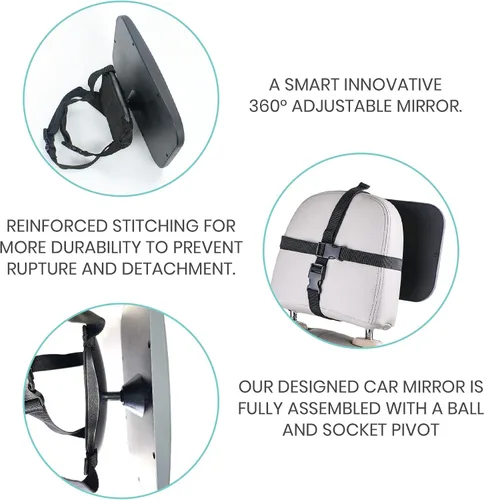 Vista 6 de Lulyboo Espejo grande para automóvil con rotación de 360 grados y correas ajustables, espejo trasero extra ancho para una conducción segura, se