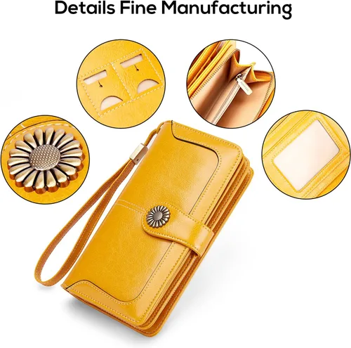 Vista 6 de INSIFEEL Billetera pequeña para mujer bolso compacto de cuero con bloqueo RFID RFID para mujer Amarillo Retro
