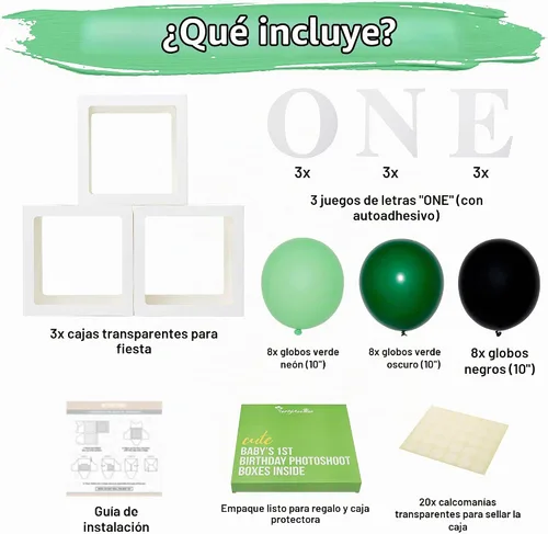 Vista 2 de Cajas de Globos de Primer Cumpleaños 'ONE' para 1 Año CON 24 Globos - Decoraciones de Primer Cumpleaños para Bebé Bloques de Cubo Transparente Verde