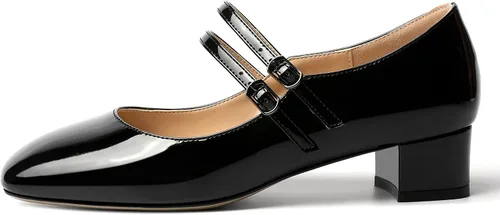 Vista 2 de SHOWFOREST Zapatos de tacón bajo grueso con correa ajustable para mujer, con puntera cuadrada, 1.5 pulgadas