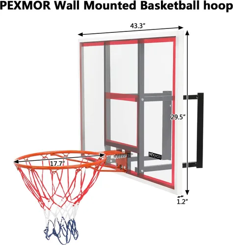 Vista 4 de PEXMOR Kit combinado de aro y portería de baloncesto para montaje en pared, tablero de policarbonato inastillable, marco de acero inoxidable