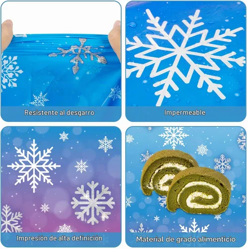 Vista 5 de 3 manteles de invierno con copos de nieve – Mantel de plástico de Frozen Wonderland desechable, rectangular, copos de nieve para suministros