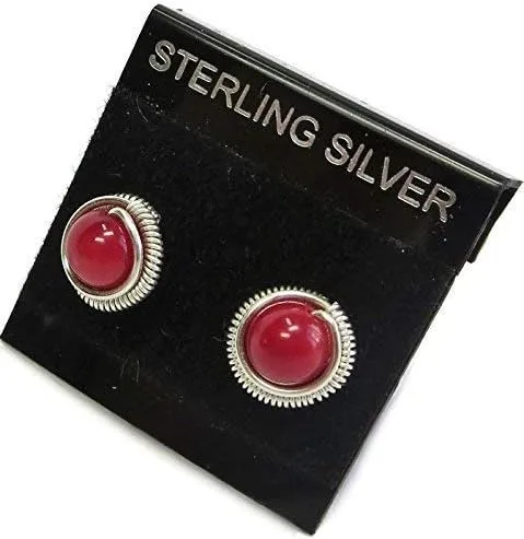 Vista 3 de Red Coral & Sterling Silver Coiled Stud Post Wire-Wrapped Earrings